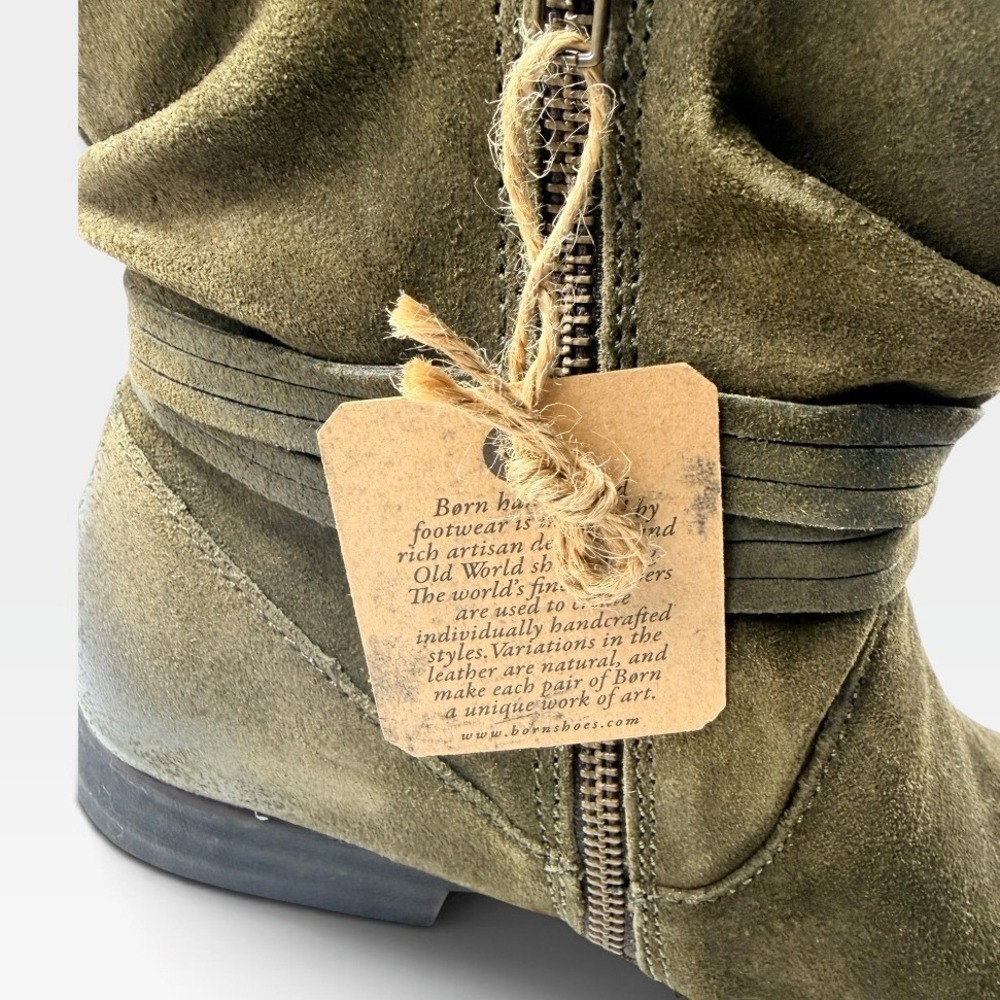 Born Cross Ankle Bootie Women 11 Green Herb Distressed Suede Tassel New - Picture 10 of 14